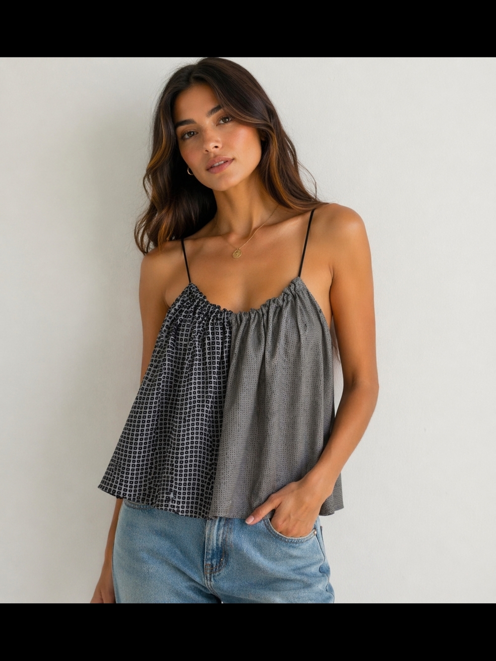 Helmut Lang Women's Black & Gray Two-Tone Smocked Spaghetti Strap Top